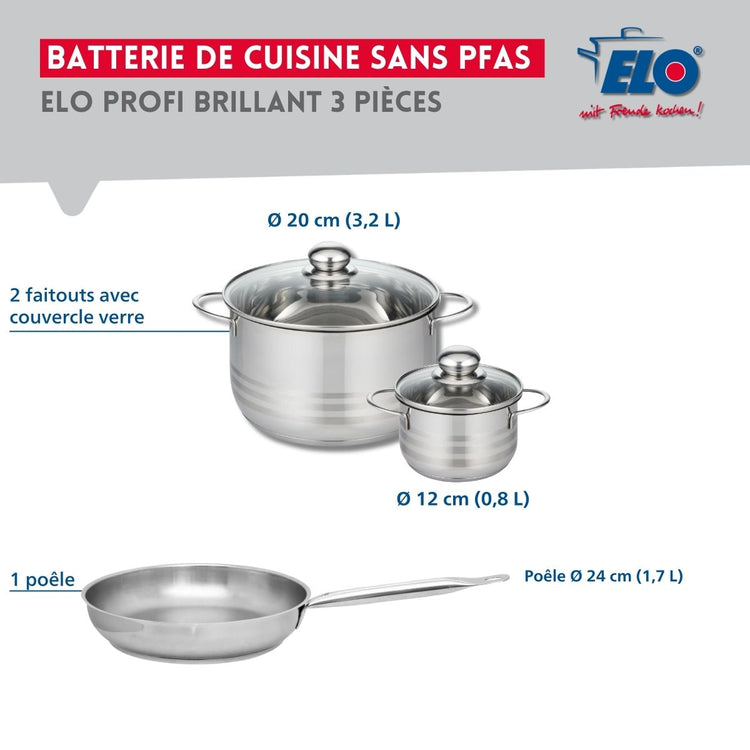 Ensemble de 1 Poêle de cuisson 24 cm et 2 faitouts 12 et 20 cm Elo Profi Brillant