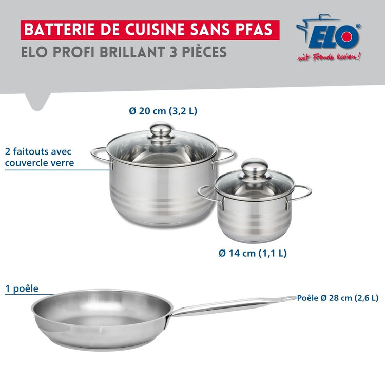 Ensemble de 1 Poêle de cuisson 28 cm et 2 faitouts 14 et 20 cm Elo Profi Brillant