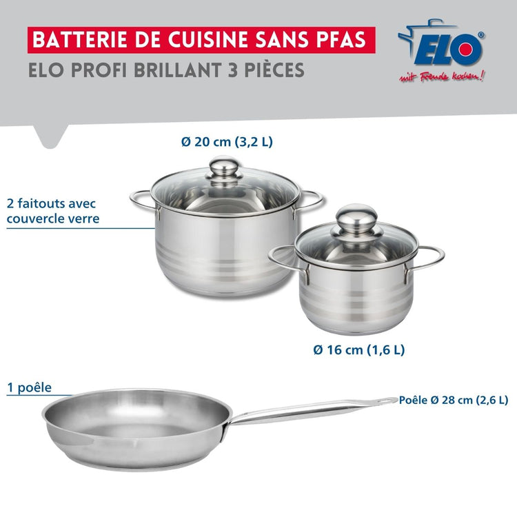 Ensemble de 1 Poêle de cuisson 28 cm et 2 faitouts 16 et 20 cm Elo Profi Brillant