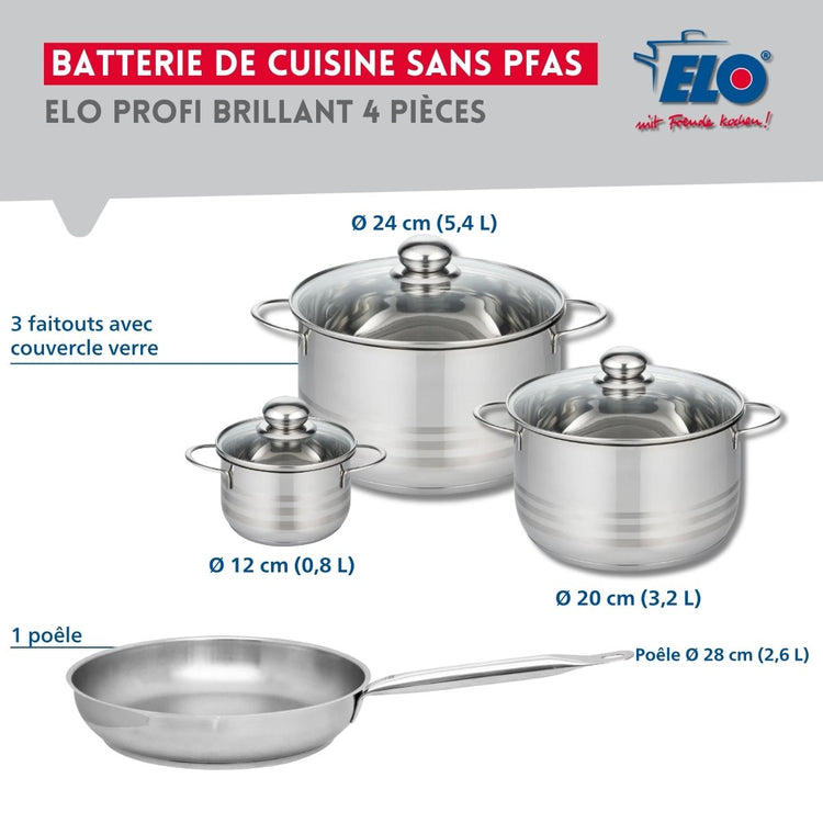 Ensemble de 1 Poêle de cuisson 28 cm et 3 faitouts 12, 20 et 24 cm Elo Profi Brillant