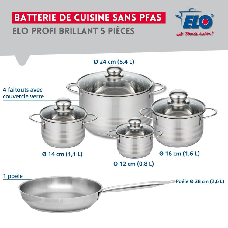 Ensemble de 1 Poêle de cuisson 28 cm et 4 faitouts 12, 14, 16 et 24 cm Elo Profi Brillant