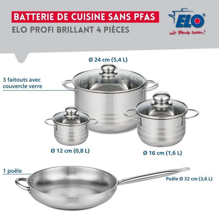 Ensemble de 1 Poêle de cuisson 32 cm et 3 faitouts 12, 16 et 24 cm Elo Profi Brillant