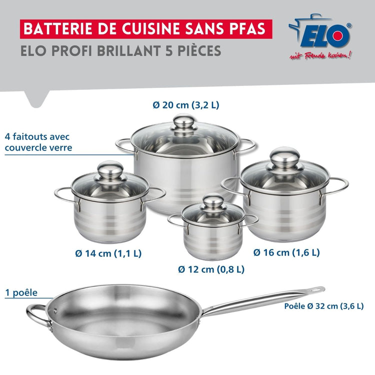 Ensemble de 1 Poêle de cuisson 32 cm et 4 faitouts 12, 14, 16 et 20 cm Elo Profi Brillant