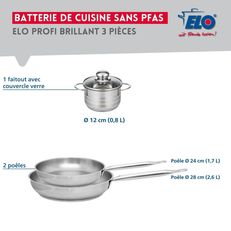 Ensemble de 2 Poêles de cuisson 24 et 28 cm et 1 faitout 12 cm Elo Profi Brillant