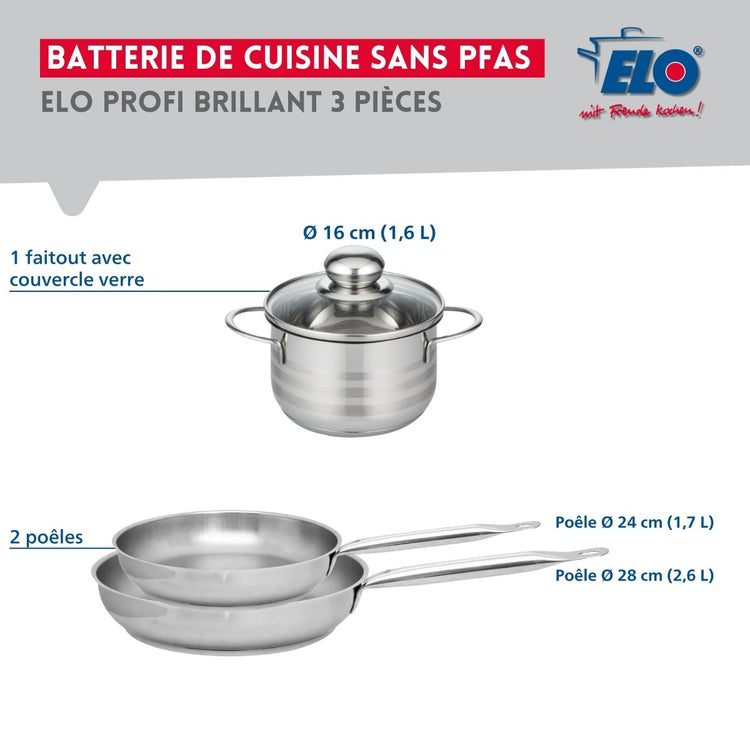 Ensemble de 2 Poêles de cuisson 24 et 28 cm et 1 faitout 16 cm Elo Profi Brillant