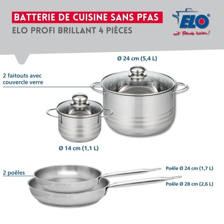 Ensemble de 2 Poêles de cuisson 24 et 28 cm et 2 faitouts 14 et 24 cm Elo Profi Brillant