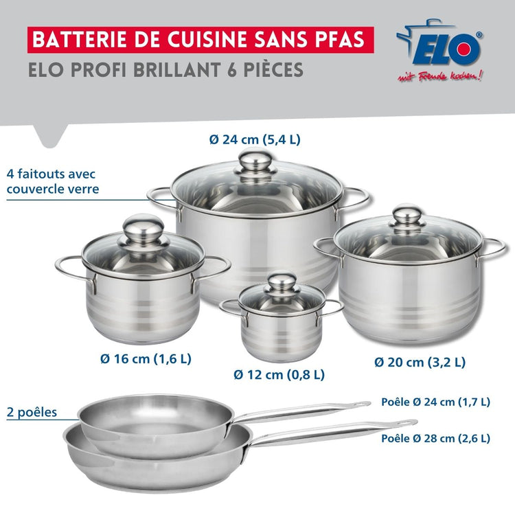 Ensemble de 2 Poêles de cuisson 24 et 28 cm et 4 faitouts 12, 16, 20 et 24 cm Elo Profi Brillant
