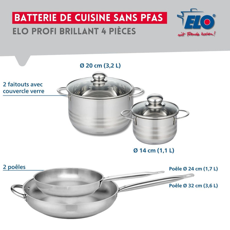 Ensemble de 2 Poêles de cuisson 24 et 32 cm et 2 faitouts 14 et 20 cm Elo Profi Brillant