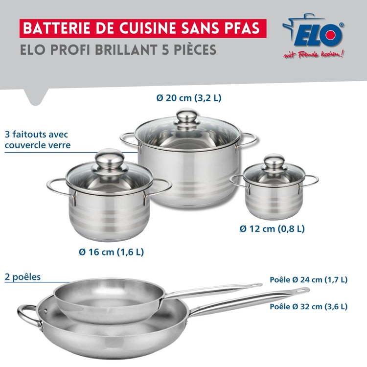 Ensemble de 2 Poêles de cuisson 24 et 32 cm et 3 faitouts 12, 16 et 20 cm Elo Profi Brillant