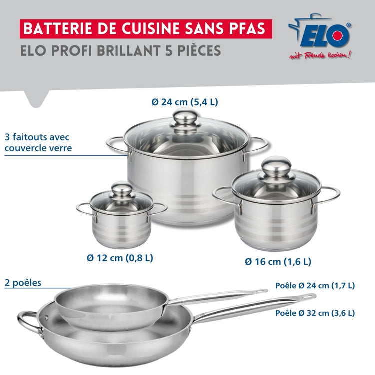 Ensemble de 2 Poêles de cuisson 24 et 32 cm et 3 faitouts 12, 16 et 24 cm Elo Profi Brillant