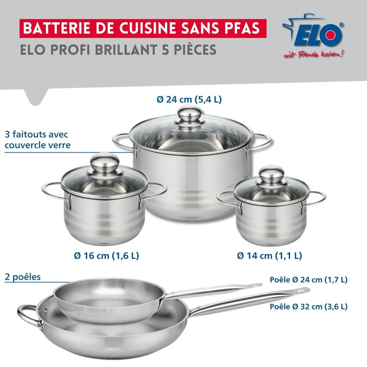 Ensemble de 2 Poêles de cuisson 24 et 32 cm et 3 faitouts 14, 16 et 24 cm Elo Profi Brillant