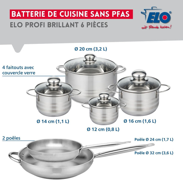 Ensemble de 2 Poêles de cuisson 24 et 32 cm et 4 faitouts 12, 14, 16 et 20 cm Elo Profi Brillant