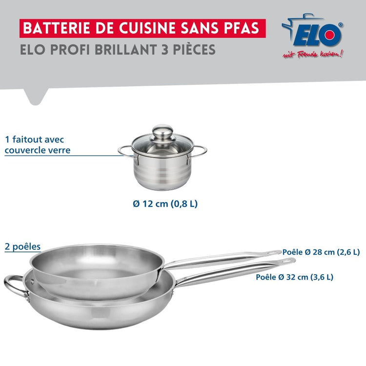 Ensemble de 2 Poêles de cuisson 28 et 32 cm et 1 faitout 12 cm Elo Profi Brillant