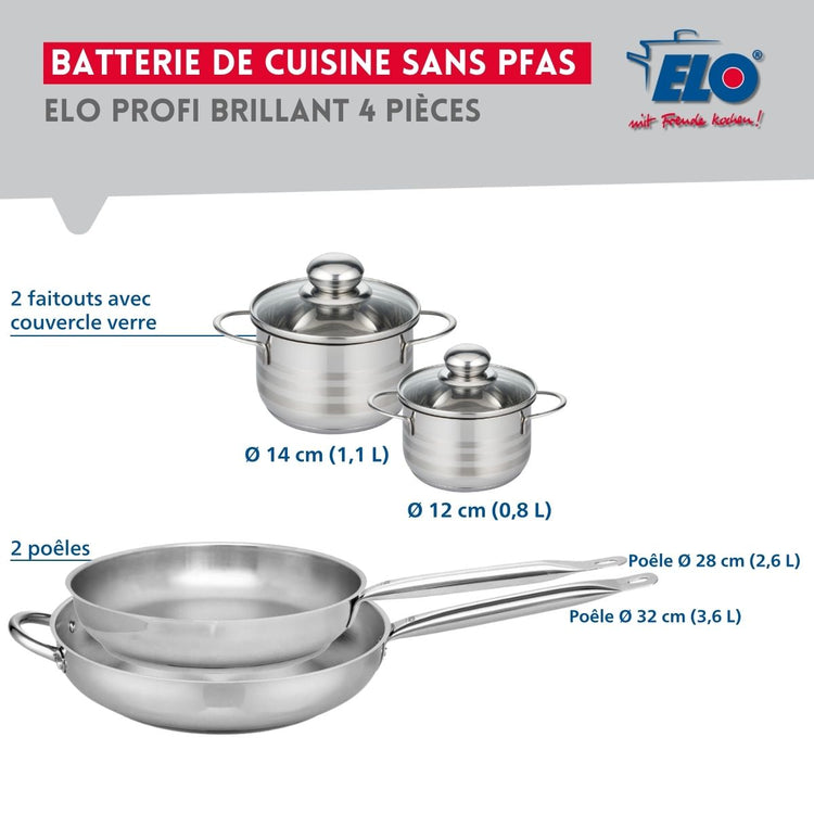 Ensemble de 2 Poêles de cuisson 28 et 32 cm et 2 faitouts 12 et 14 cm Elo Profi Brillant