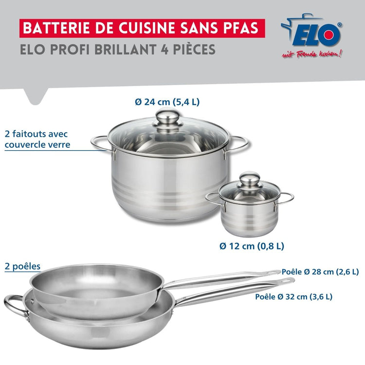 Ensemble de 2 Poêles de cuisson 28 et 32 cm et 2 faitouts 12 et 24 cm Elo Profi Brillant