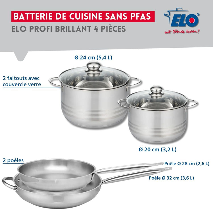 Ensemble de 2 Poêles de cuisson 28 et 32 cm et 2 faitouts 20 et 24 cm Elo Profi Brillant