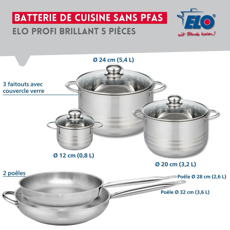 Ensemble de 2 Poêles de cuisson 28 et 32 cm et 3 faitouts 12, 20 et 24 cm Elo Profi Brillant