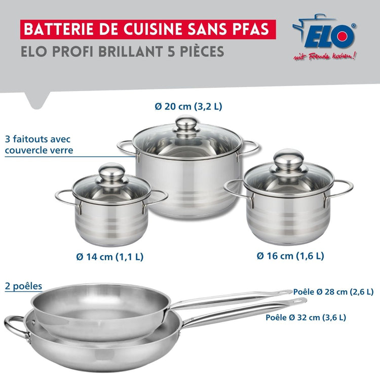 Ensemble de 2 Poêles de cuisson 28 et 32 cm et 3 faitouts 14, 16 et 20 cm Elo Profi Brillant