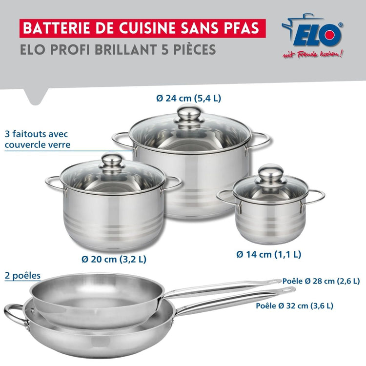 Ensemble de 2 Poêles de cuisson 28 et 32 cm et 3 faitouts 14, 20 et 24 cm Elo Profi Brillant