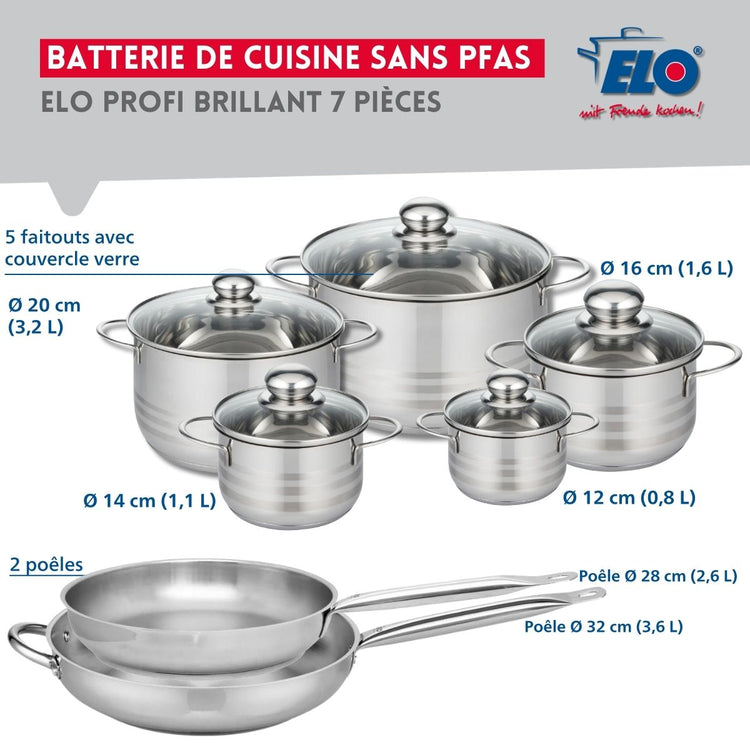 Ensemble de 2 Poêles de cuisson 28 et 32 cm et 5 faitouts 12, 14, 16, 20 et 24 cm Elo Profi Brillant