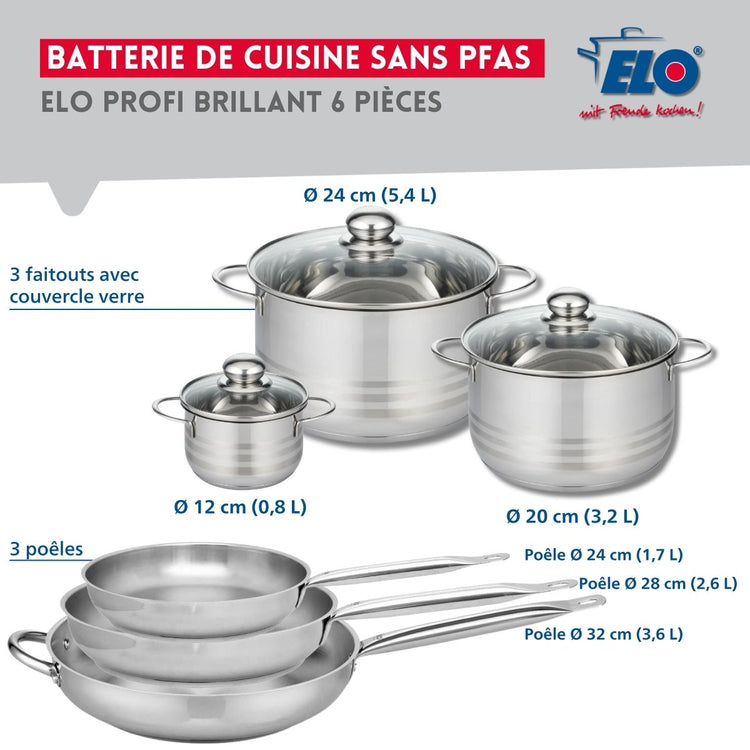 Ensemble de 3 Poêles de cuisson 24, 28 et 32 cm et 3 faitouts 12, 20 et 24 cm Elo Profi Brillant