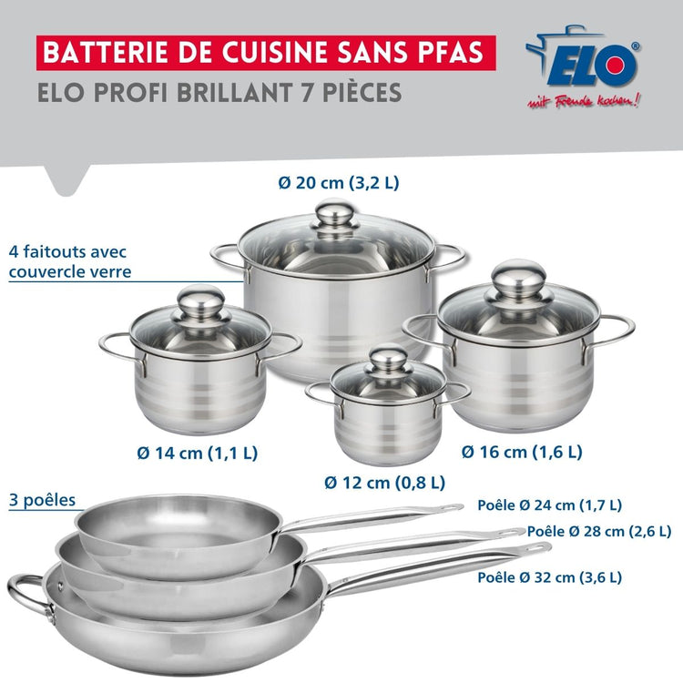 Ensemble de 3 Poêles de cuisson 24, 28 et 32 cm et 4 faitouts 12, 14, 16 et 20 cm Elo Profi Brillant