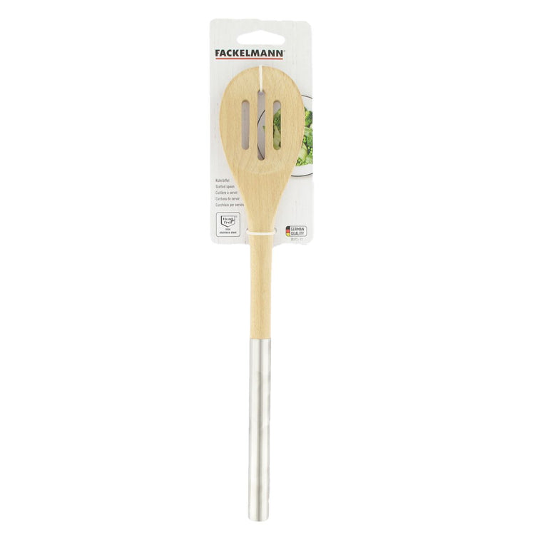 Cuillère en bois ajourée avec manche inox 34 cm en tout Fackelmann Boissellerie
