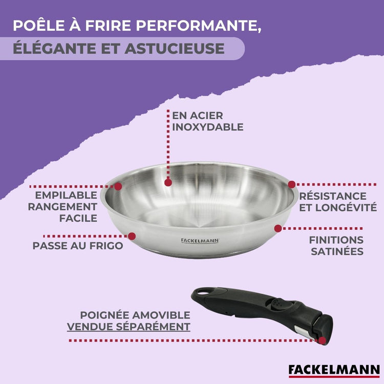 Lot de 3 poêles en inox 20 24 et 28 cm avec manche amovible Fackelmann InoGrip