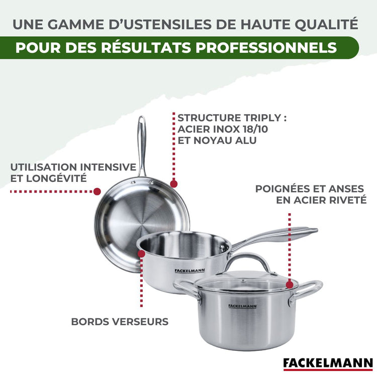 Poêle à Frire 20 cm, Casseroles 14 et 18 cm, Faitouts 20 24 cm inox 18/10 Triply et couvercle Fackelmann Vita3