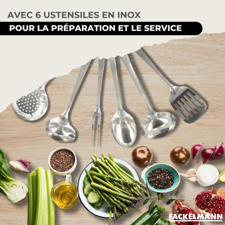 Batterie de cuisine avec 1 poêle 28 cm et 3 faitouts 16/20/24 cm et 7 ustensiles de cuisine Fackelmann Généva Brillant Oxford avec couvercles