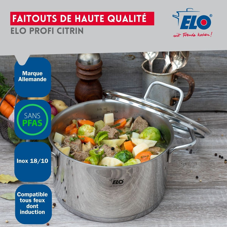Ensemble de 1 Poêle de cuisson 28 cm et 2 faitouts 20 et 26 cm Elo Profi Citrin