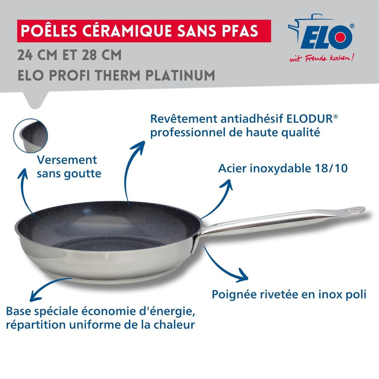 Set de 3 Poêles de cuisson avec revêtement céramique sans PFAS 24 cm, 28 cm et 32 cm Profi Therm Platinum Elo