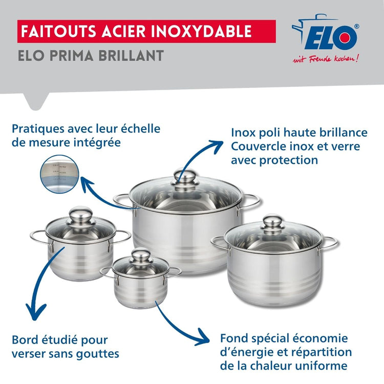 Ensemble de 1 Poêle de cuisson 32 cm et 4 faitouts 12, 14, 20 et 24 cm Elo Prima Brillant