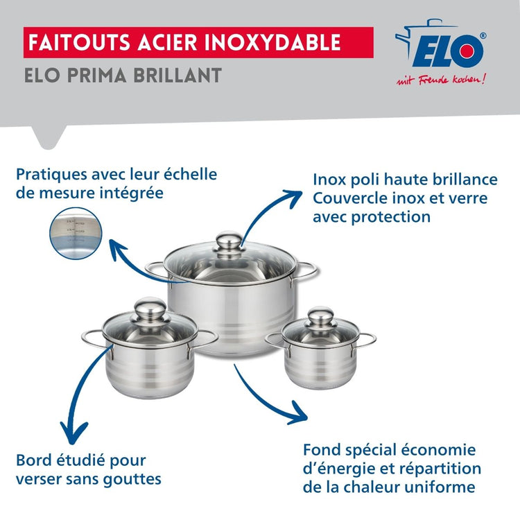 Ensemble de 3 Poêles de cuisson 24, 28 et 32 cm et 3 faitouts 12, 14 et 20 cm Elo Prima Brillant