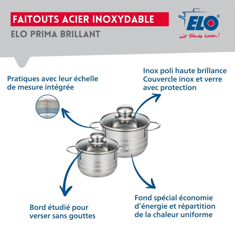 Ensemble de 1 Poêle de cuisson 28 cm et 2 faitouts 14 et 16 cm Elo Profi Brillant
