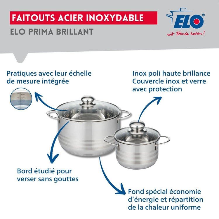 Ensemble de 1 Poêle de cuisson 28 cm et 2 faitouts 16 et 24 cm Elo Profi Brillant