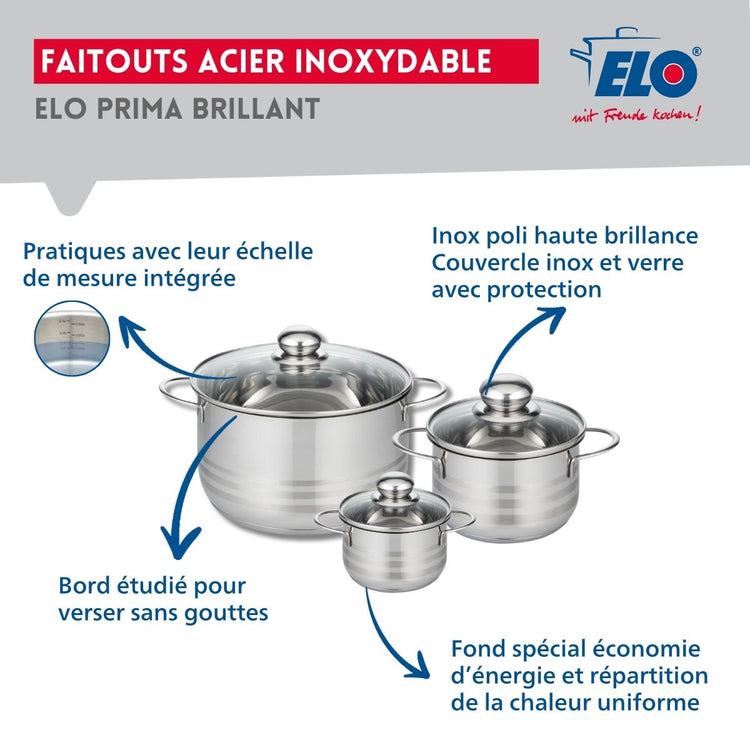 Ensemble de 1 Poêle de cuisson 28 cm et 3 faitouts 12, 16 et 24 cm Elo Profi Brillant