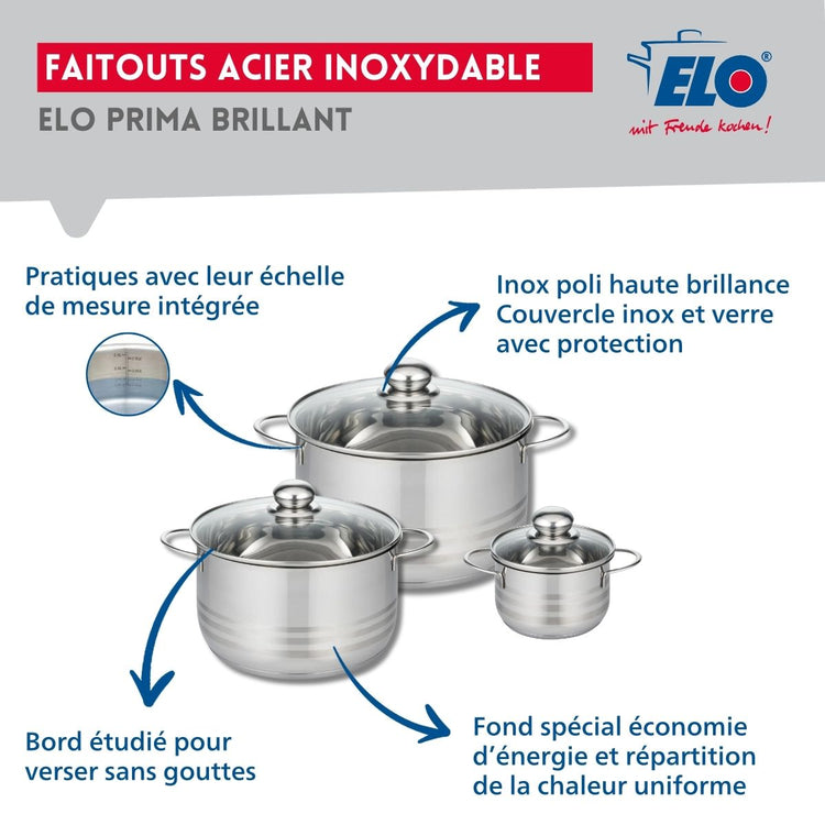 Ensemble de 2 Poêles de cuisson 24 et 32 cm et 3 faitouts 12, 20 et 24 cm Elo Profi Brillant