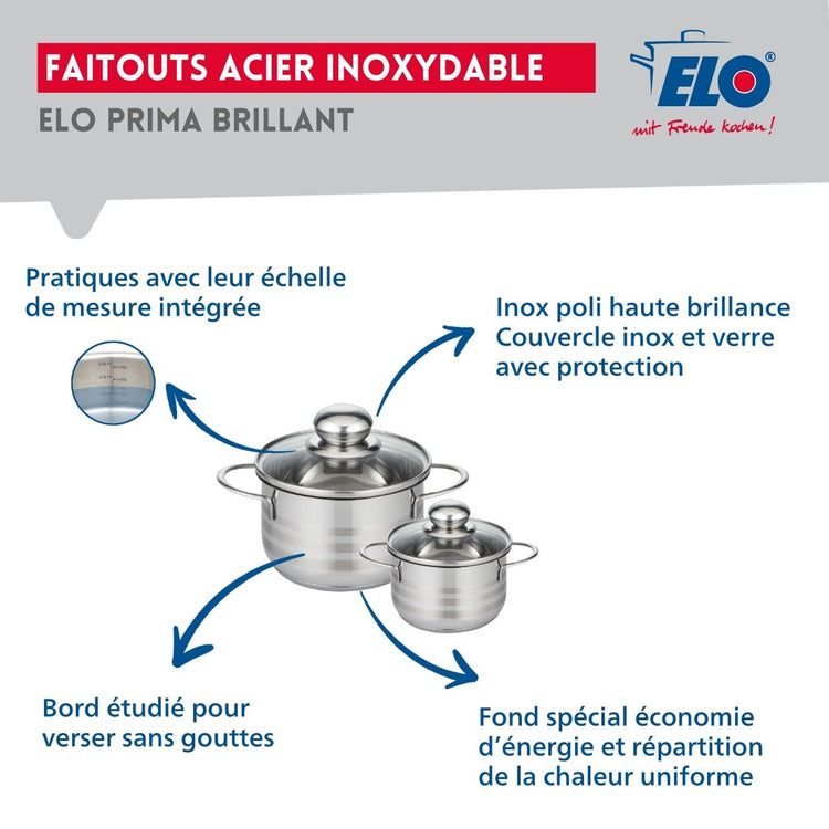 Ensemble de 2 Poêles de cuisson 28 et 32 cm et 2 faitouts 12 et 16 cm Elo Profi Brillant
