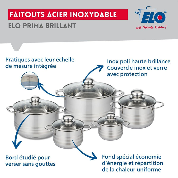 Ensemble de 2 Poêles de cuisson 28 et 32 cm et 5 faitouts 12, 14, 16, 20 et 24 cm Elo Profi Brillant