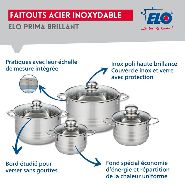 Ensemble de 3 Poêles de cuisson 24, 28 et 32 cm et 4 faitouts 14, 16, 20 et 24 cm Elo Profi Brillant