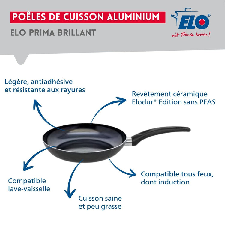 Ensemble de 1 Poêle de cuisson 28 cm et 2 faitouts 14 et 20 cm Elo Prima Brillant