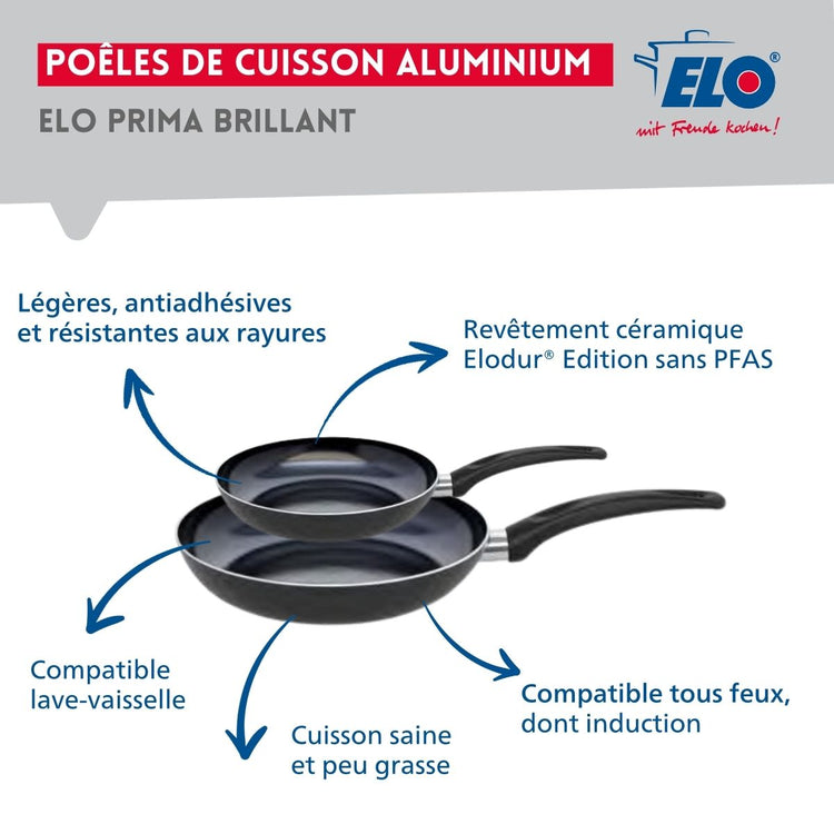 Ensemble de 2 Poêles de cuisson 20 et 28 cm et 2 faitouts 14 et 16 cm Elo Prima Brillant