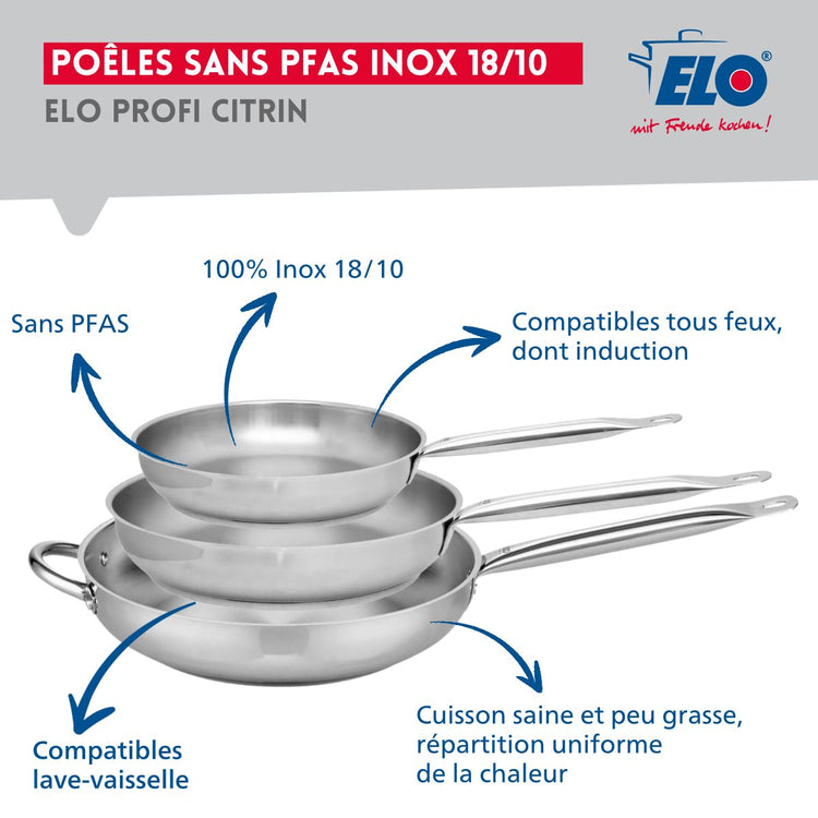 Ensemble de 3 Poêles de cuisson 24, 28 et 32 cm et 4 faitouts 12, 14, 20 et 24 cm Elo Profi Brillant