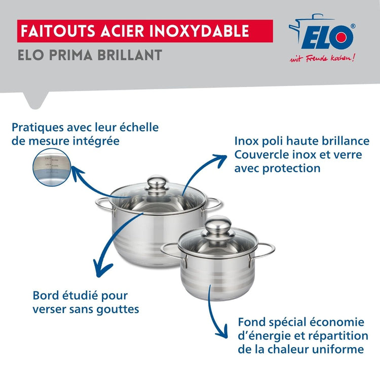 Ensemble de 1 Poêle de cuisson 24 cm et 2 faitouts 14 et 20 cm Elo Prima Brillant