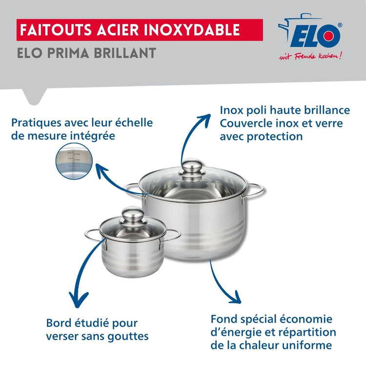 Ensemble de 1 Poêle de cuisson 28 cm et 2 faitouts 14 et 24 cm Elo Prima Brillant