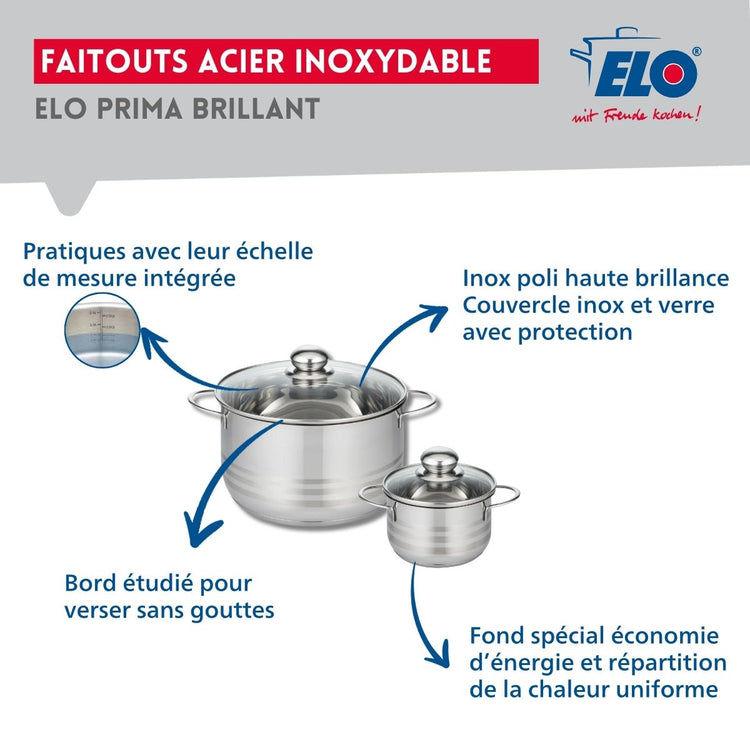 Ensemble de 1 Poêle de cuisson 28 cm et 2 faitouts 12 et 20 cm Elo Profi Brillant