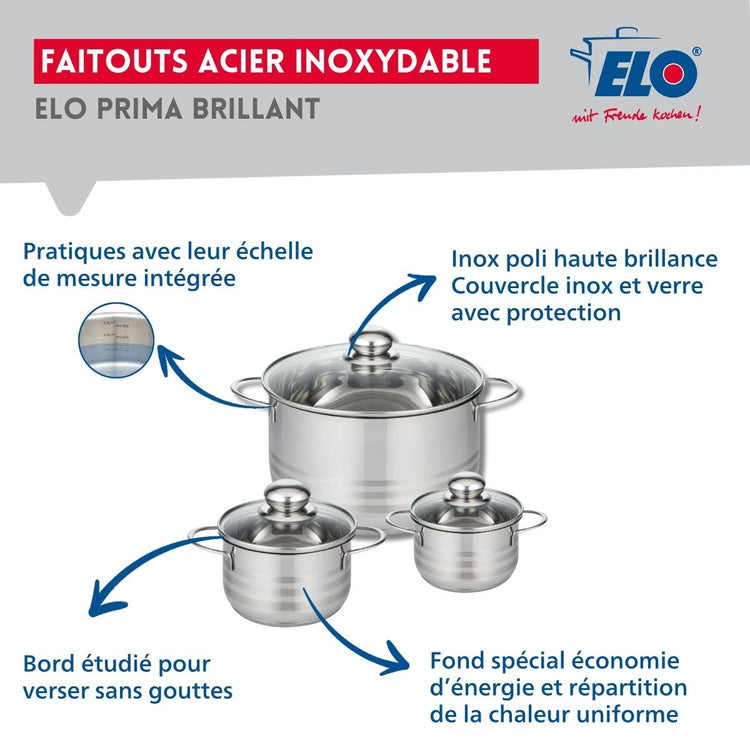 Ensemble de 1 Poêle de cuisson 32 cm et 3 faitouts 12, 14 et 24 cm Elo Profi Brillant