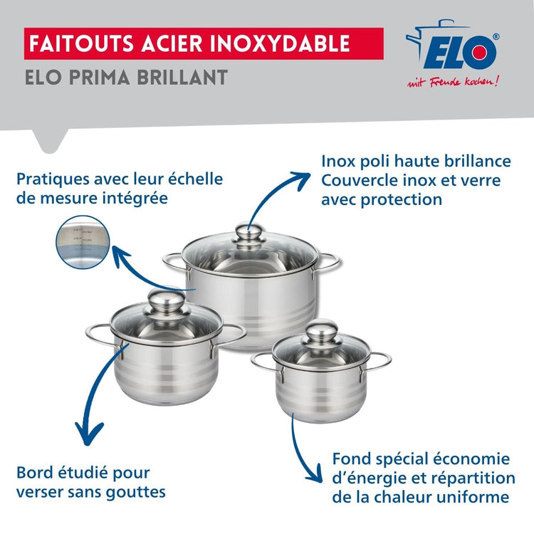 Ensemble de 2 Poêles de cuisson 24 et 28 cm et 3 faitouts 14, 16 et 20 cm Elo Profi Brillant