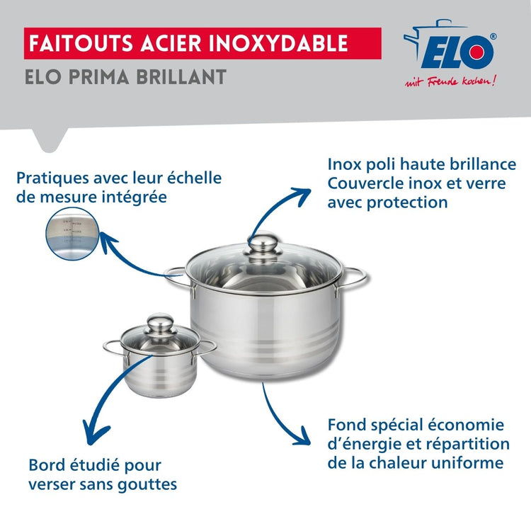 Ensemble de 2 Poêles de cuisson 28 et 32 cm et 2 faitouts 12 et 24 cm Elo Profi Brillant